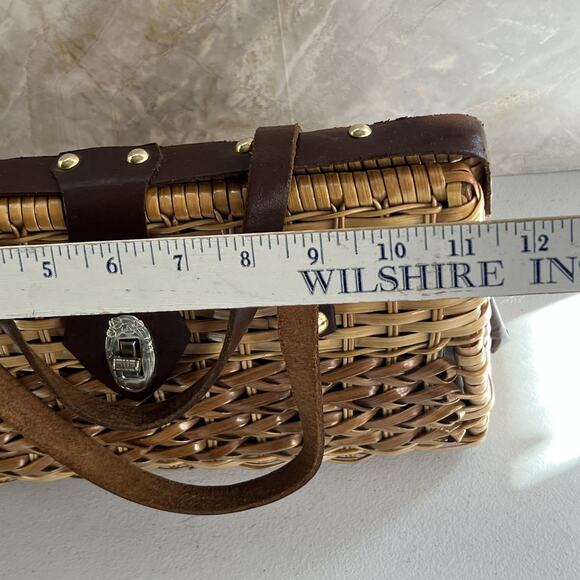Vintage Wicker Handbag Leather Double Strap Twist Lock Brown Woven Hong Kong - Picture 3 of 13